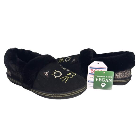 BOBS by Skechers Too Cozy Meow Cat Slippers Black Faux Fur Leopard Women's 7.5 - Picture 1 of 7